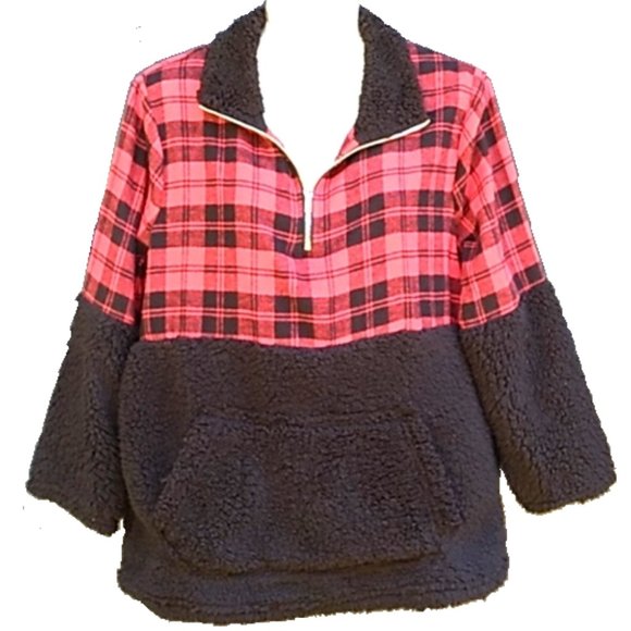 Buffalo Check Flannel Plaid Fleece Sherpa Pullover Top Shirt - Picture 1 of 7